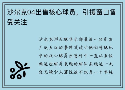 沙尔克04出售核心球员，引援窗口备受关注