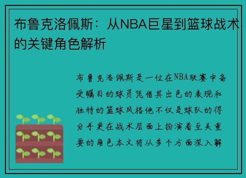布鲁克洛佩斯：从NBA巨星到篮球战术的关键角色解析