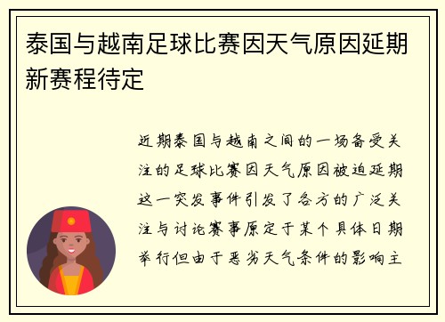 泰国与越南足球比赛因天气原因延期新赛程待定