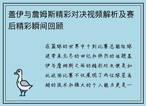 盖伊与詹姆斯精彩对决视频解析及赛后精彩瞬间回顾