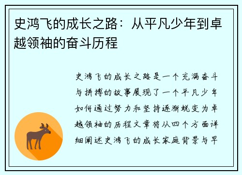 史鸿飞的成长之路：从平凡少年到卓越领袖的奋斗历程
