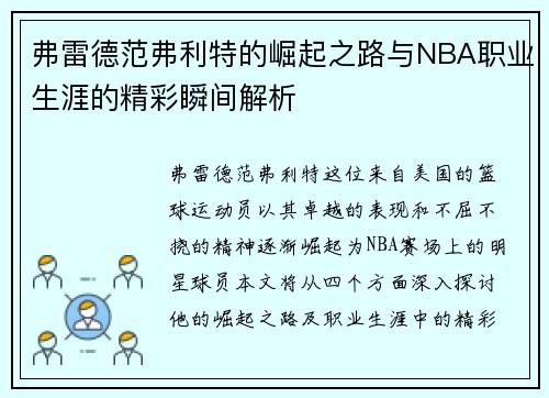弗雷德范弗利特的崛起之路与NBA职业生涯的精彩瞬间解析
