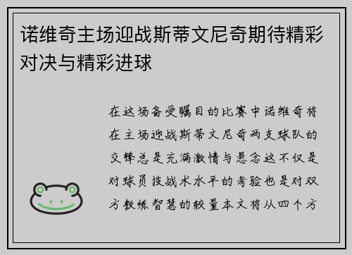 诺维奇主场迎战斯蒂文尼奇期待精彩对决与精彩进球