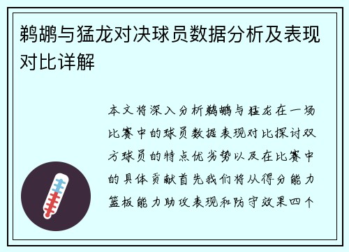 鹈鹕与猛龙对决球员数据分析及表现对比详解