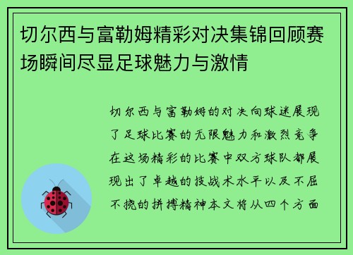 切尔西与富勒姆精彩对决集锦回顾赛场瞬间尽显足球魅力与激情