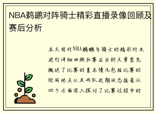 NBA鹈鹕对阵骑士精彩直播录像回顾及赛后分析