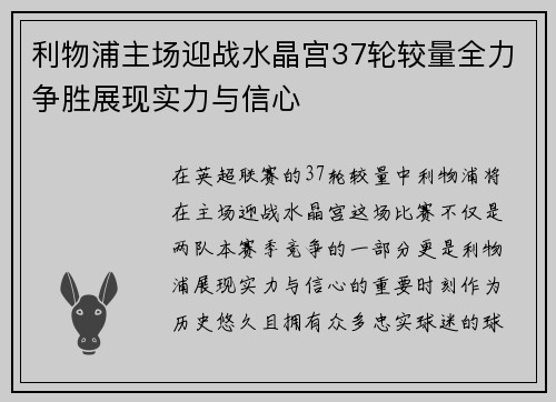 利物浦主场迎战水晶宫37轮较量全力争胜展现实力与信心
