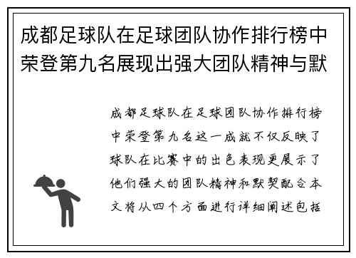成都足球队在足球团队协作排行榜中荣登第九名展现出强大团队精神与默契配合